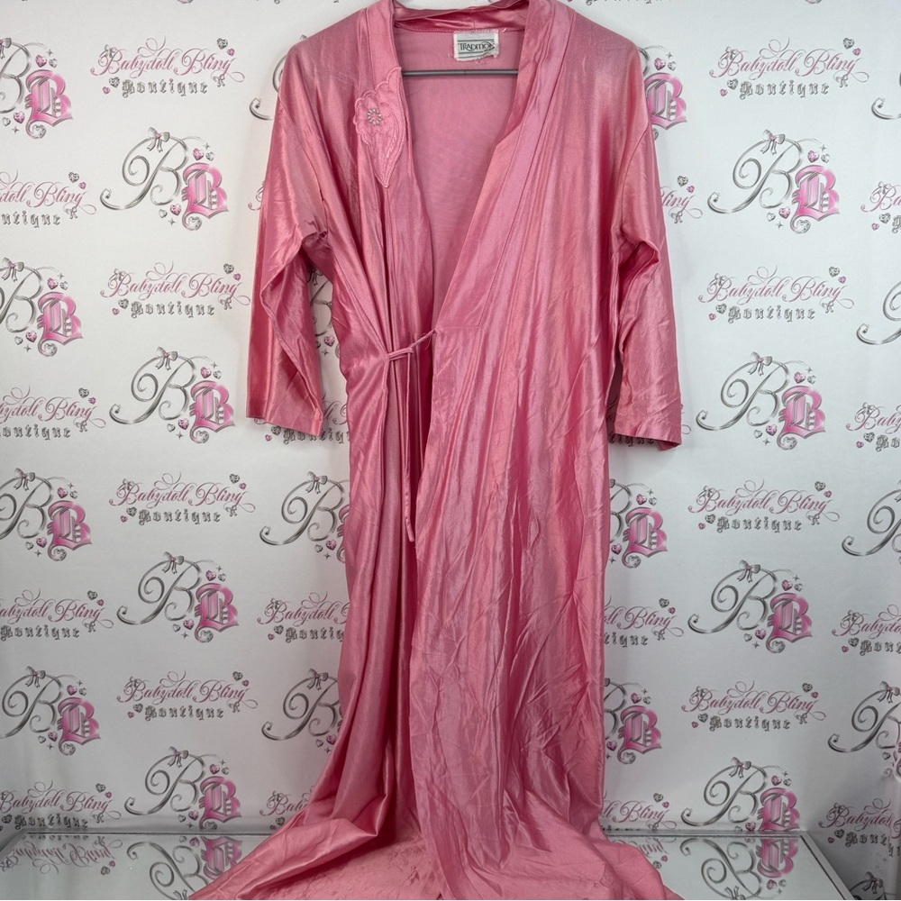 Tradition sears robe shiny pink vintage long tie up comfy lounge Women's Robe